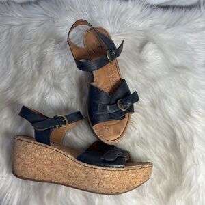 Born Black Leather Buckle Strap Cork Wedge Sandals Sz 9